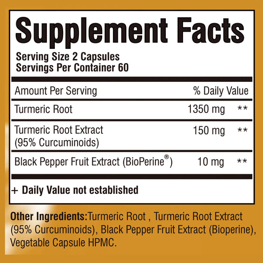 Turmeric Curcumin - Helps Relieve Muscle and Joint Pain, Antioxidant, Supports Immune, Heart,