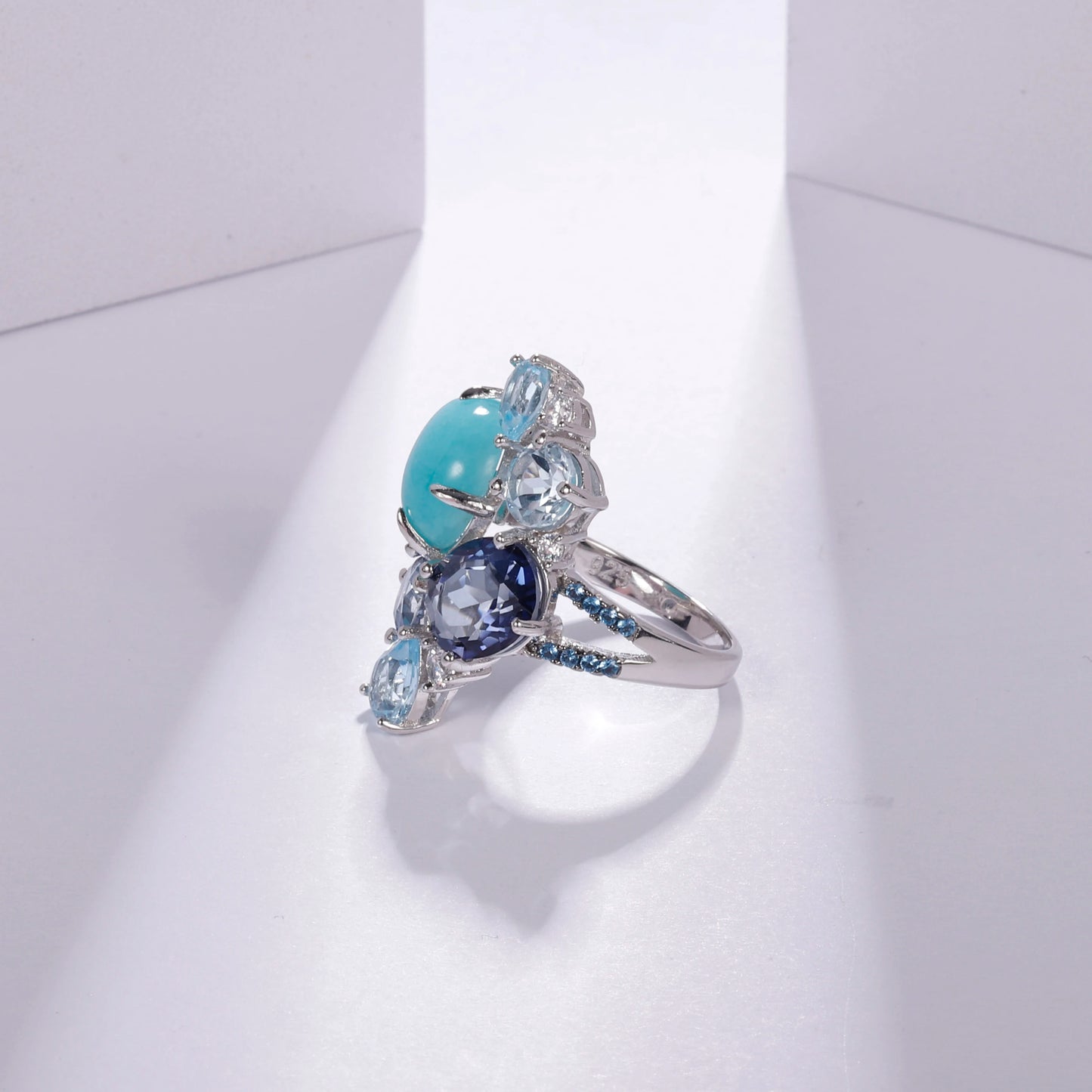 Sterling Silver Statement Rings Natural Amazonyte Blue Topaz Gemstone Candy Ring for Women Fine Jewelry