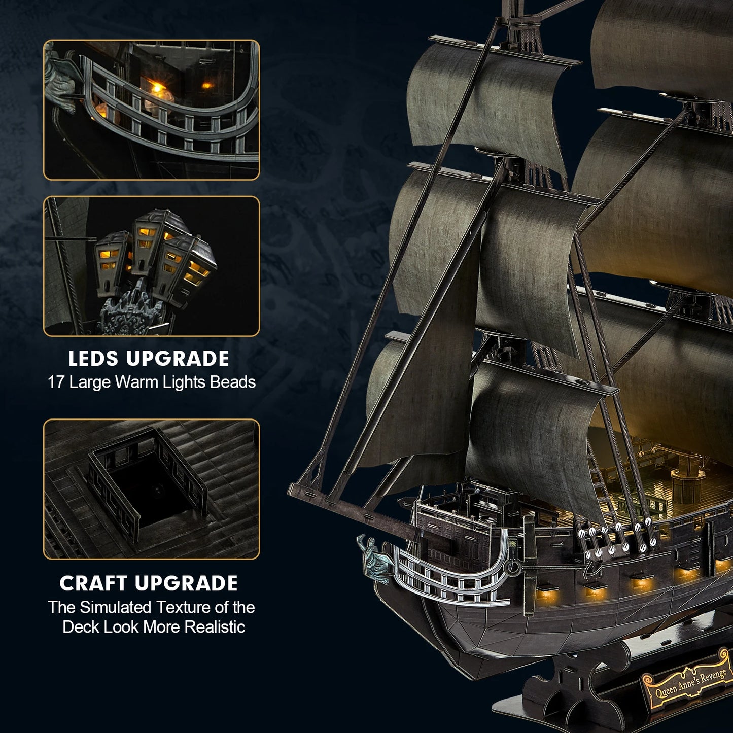 3D Puzzle for Adults LED Pirate Ship, Large Queen Anne's Revenge Desk Puzzles,