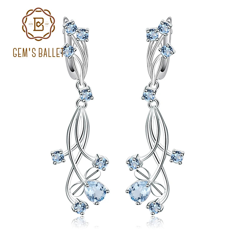 Flower Design 3.89t Natural Sky Blue Topaz Gemstone Drop Earrings For Bridal 925 Sterling Silver Wedding Jewelry