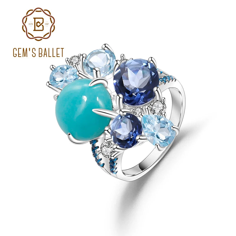 Sterling Silver Statement Rings Natural Amazonyte Blue Topaz Gemstone Candy Ring for Women Fine Jewelry