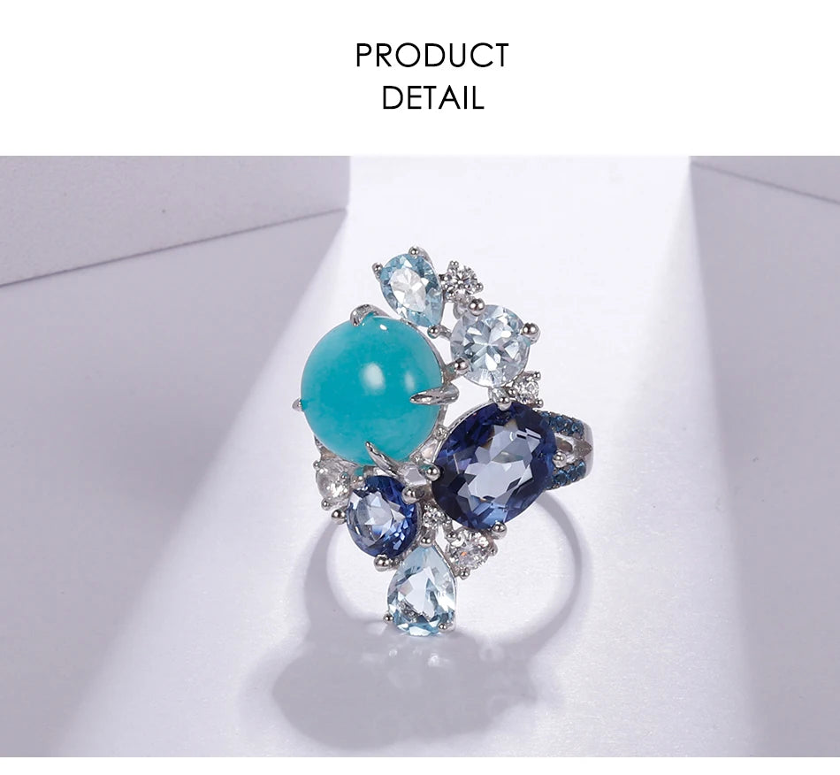 Sterling Silver Statement Rings Natural Amazonyte Blue Topaz Gemstone Candy Ring for Women Fine Jewelry