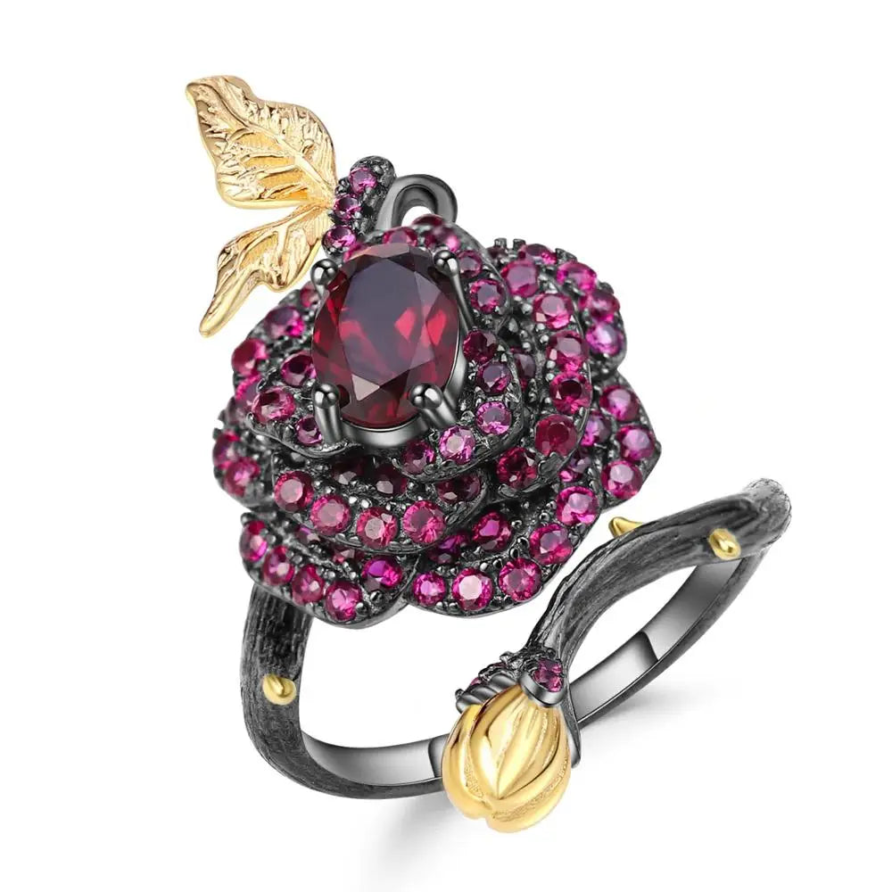 tNatural Rhodolite Garne Rose Flower Ring 95 Sterling Silver Handmade Adjustable Open Ring for Women Bijoux