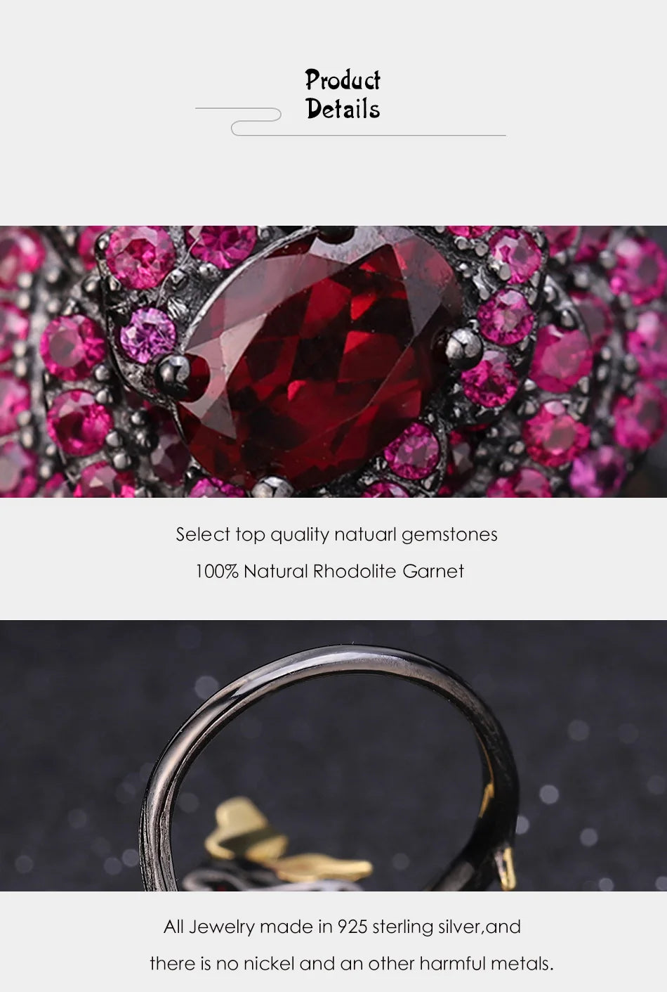 tNatural Rhodolite Garne Rose Flower Ring 95 Sterling Silver Handmade Adjustable Open Ring for Women Bijoux