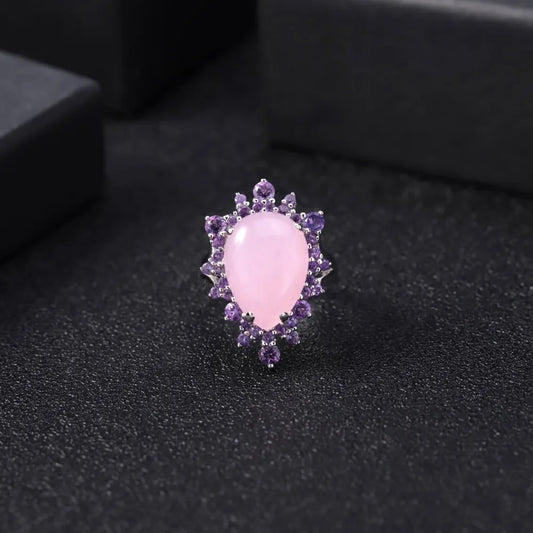 Natural Pink Calcedony Gemstone Ring 925 Sterling Silver Vintage Halo Cocktail Rings for Women Fine Jewelry