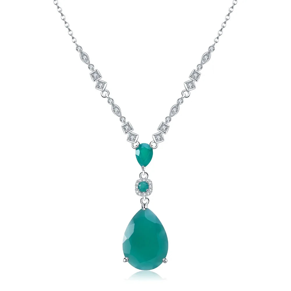Sterling Silver Vintage Jewelry Natural Green Agate Gemstone Pendant Necklace for Women Wedding Fine Jewelry