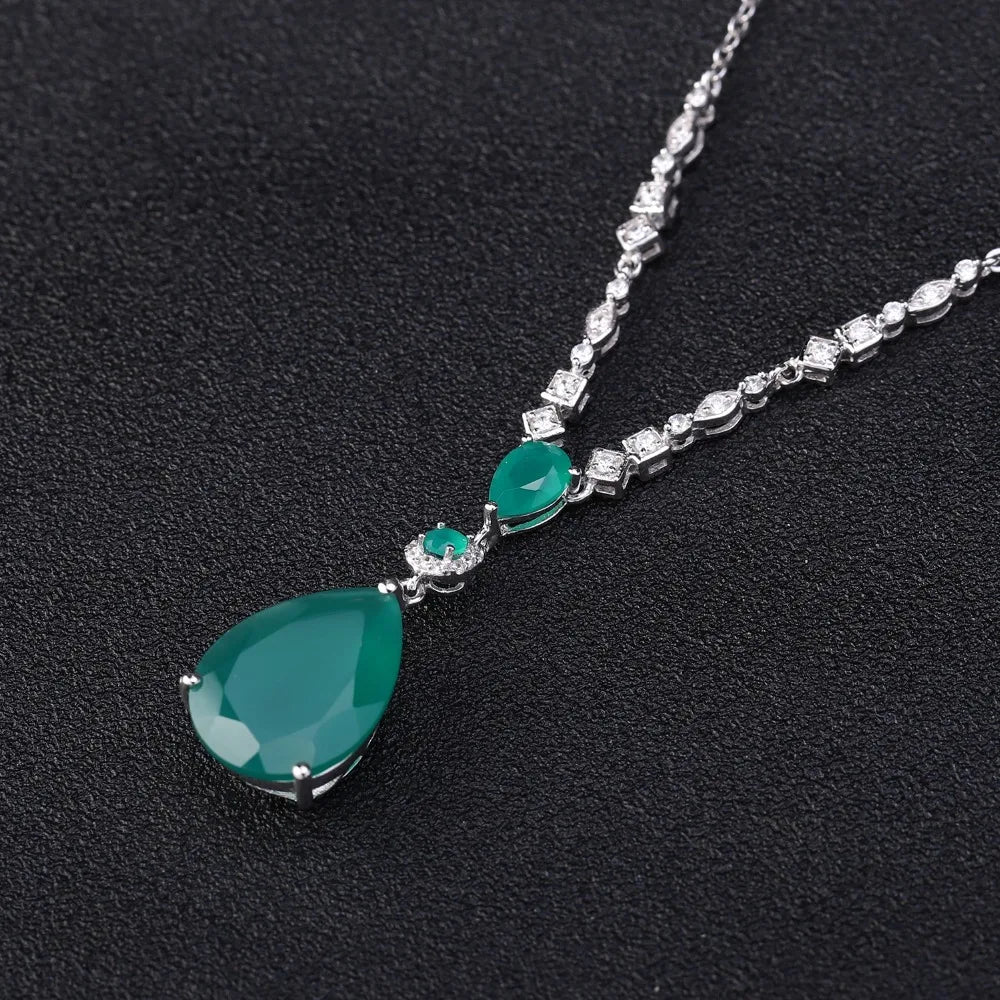 Sterling Silver Vintage Jewelry Natural Green Agate Gemstone Pendant Necklace for Women Wedding Fine Jewelry