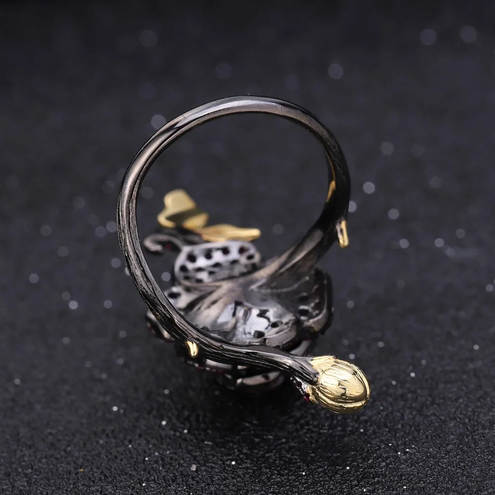 tNatural Rhodolite Garne Rose Flower Ring 95 Sterling Silver Handmade Adjustable Open Ring for Women Bijoux