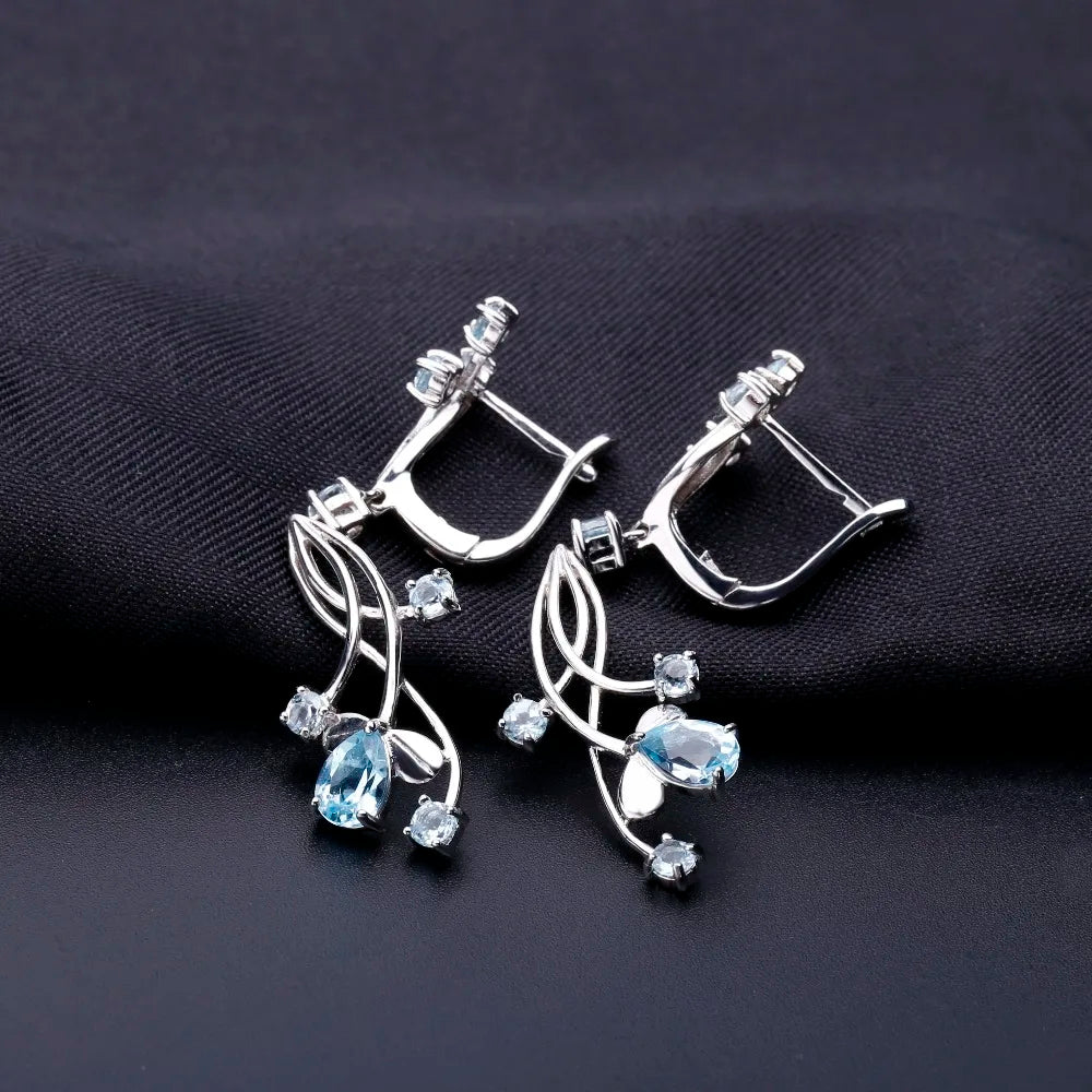 Flower Design 3.89t Natural Sky Blue Topaz Gemstone Drop Earrings For Bridal 925 Sterling Silver Wedding Jewelry