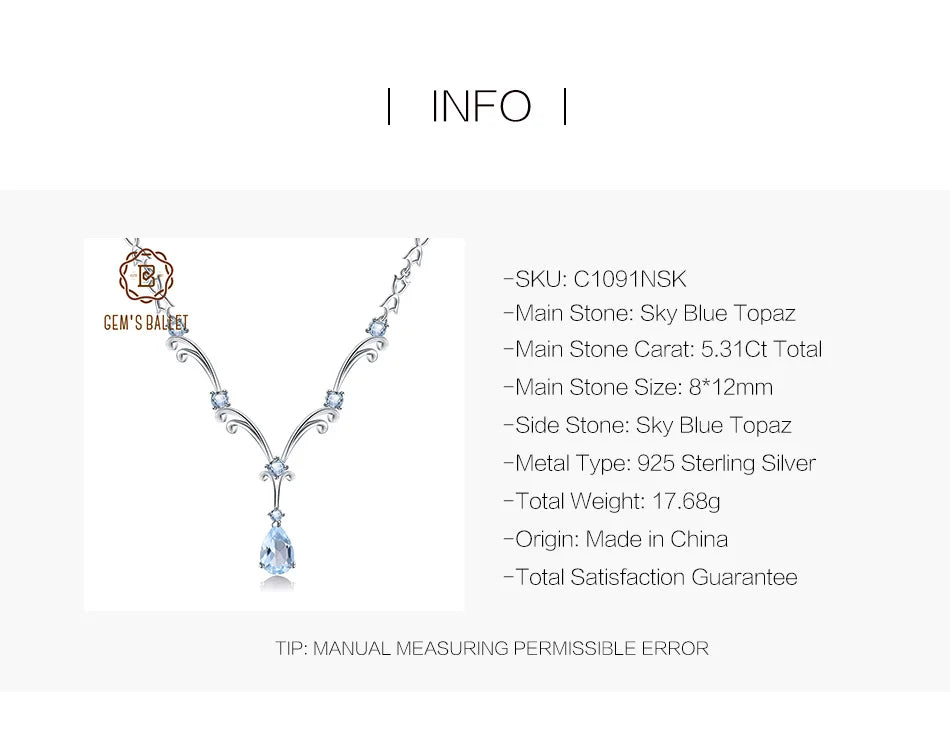 Natural Sky Blue Topaz Gemstone Pendant Necklace for Women Luxury 925 Sterling Silver Vintage Fine Jewelry