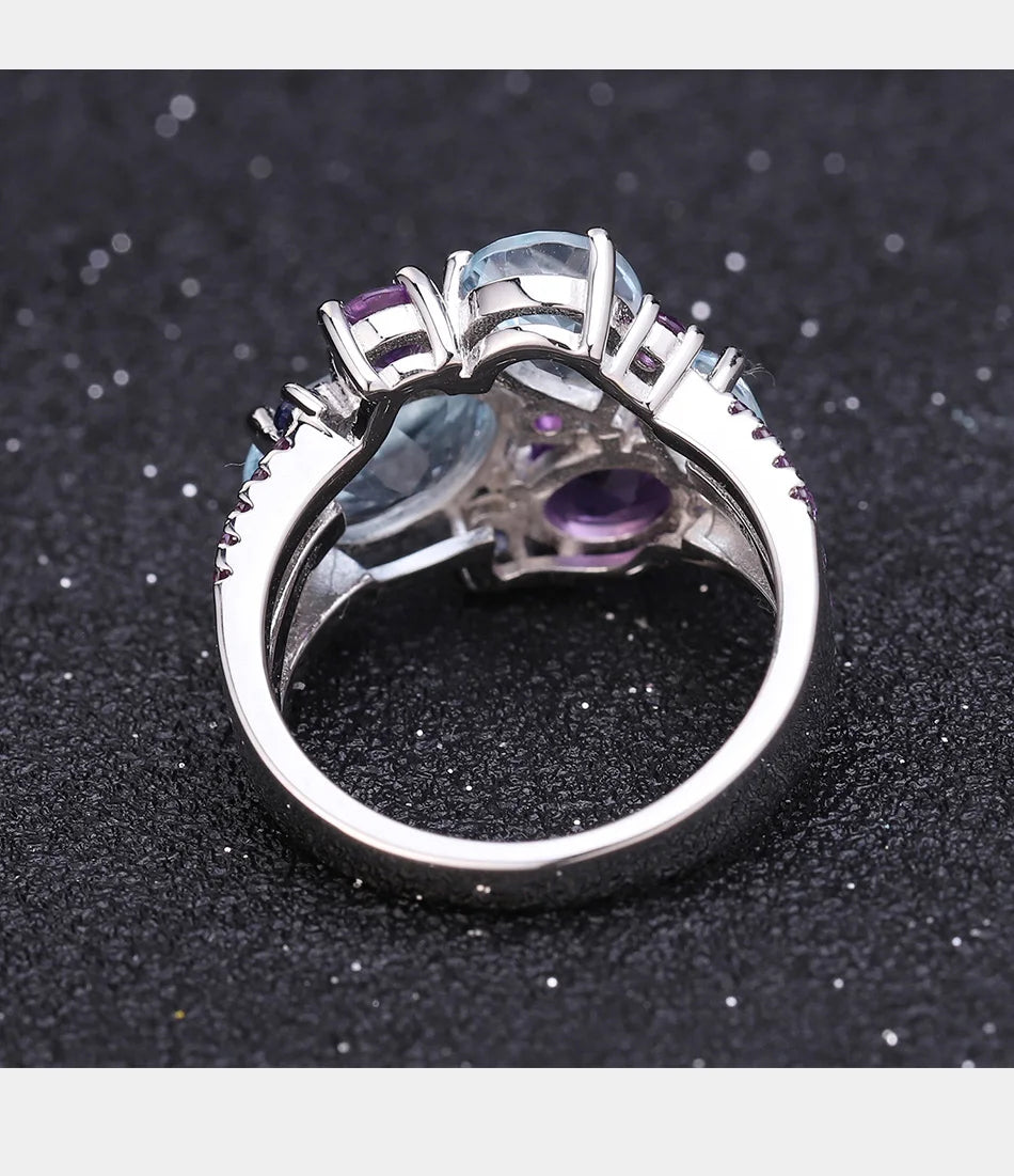 Natural Sky Blue Topaz Amethyst Rings Fine Jewelry 925 Sterling Silver Gemstone Candy Ring for Women Bijoux