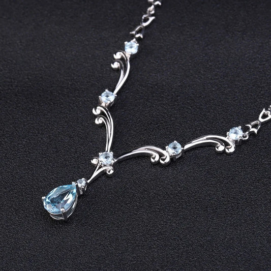 Natural Sky Blue Topaz Gemstone Pendant Necklace for Women Luxury 925 Sterling Silver Vintage Fine Jewelry