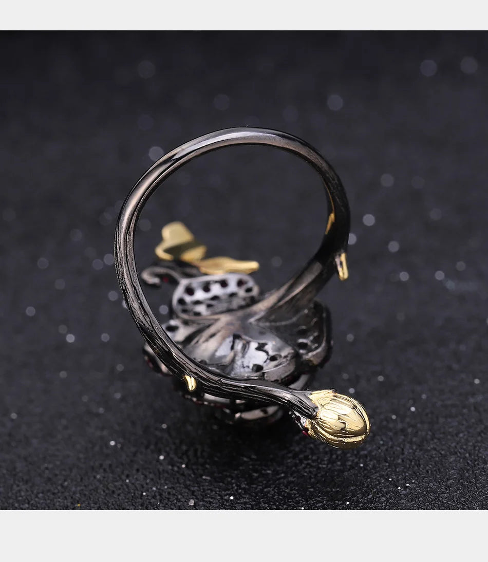 tNatural Rhodolite Garne Rose Flower Ring 95 Sterling Silver Handmade Adjustable Open Ring for Women Bijoux