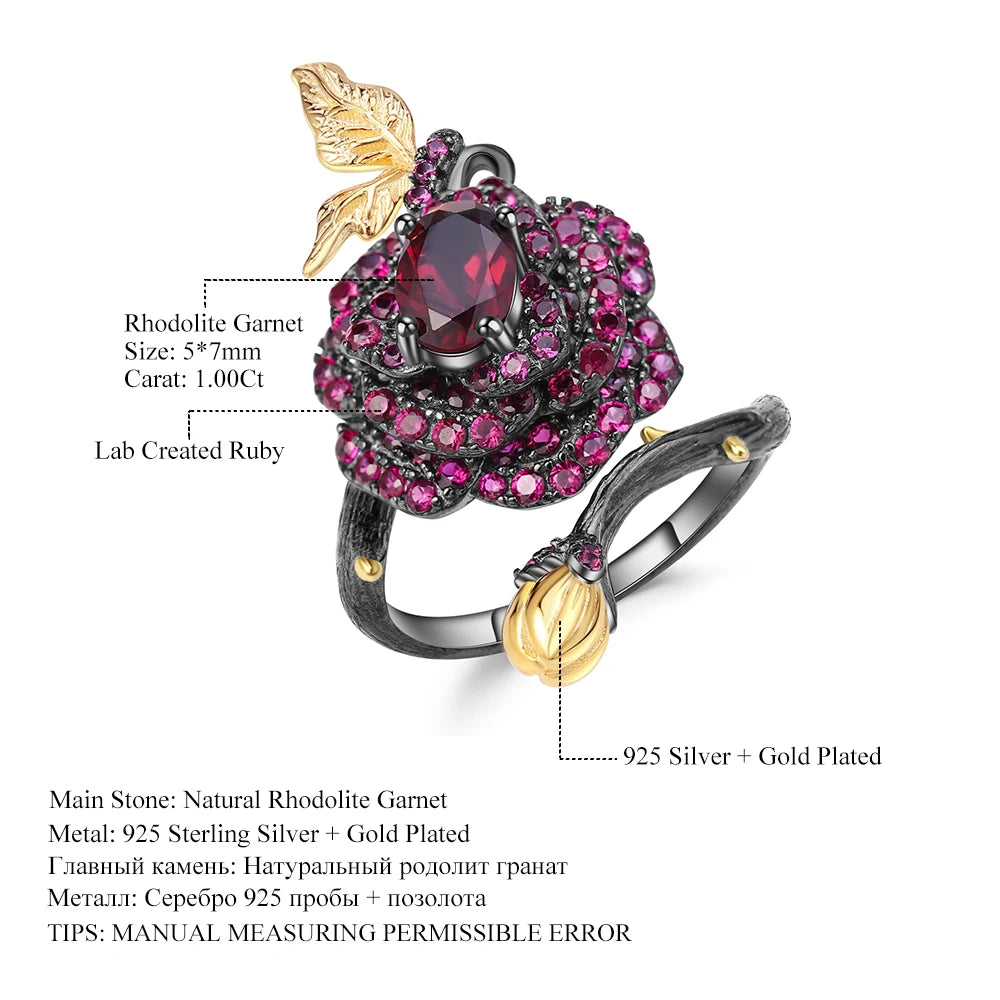 tNatural Rhodolite Garne Rose Flower Ring 95 Sterling Silver Handmade Adjustable Open Ring for Women Bijoux