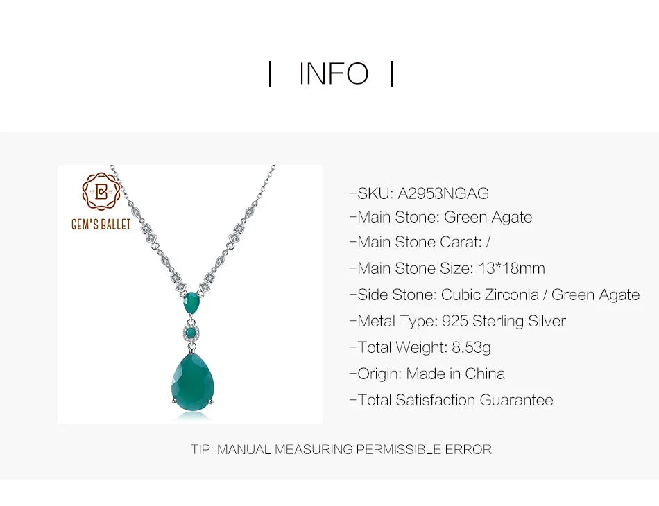 Sterling Silver Vintage Jewelry Natural Green Agate Gemstone Pendant Necklace for Women Wedding Fine Jewelry