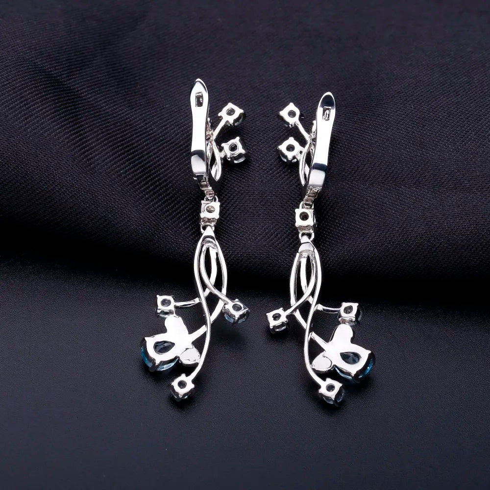 Flower Design 3.89t Natural Sky Blue Topaz Gemstone Drop Earrings For Bridal 925 Sterling Silver Wedding Jewelry