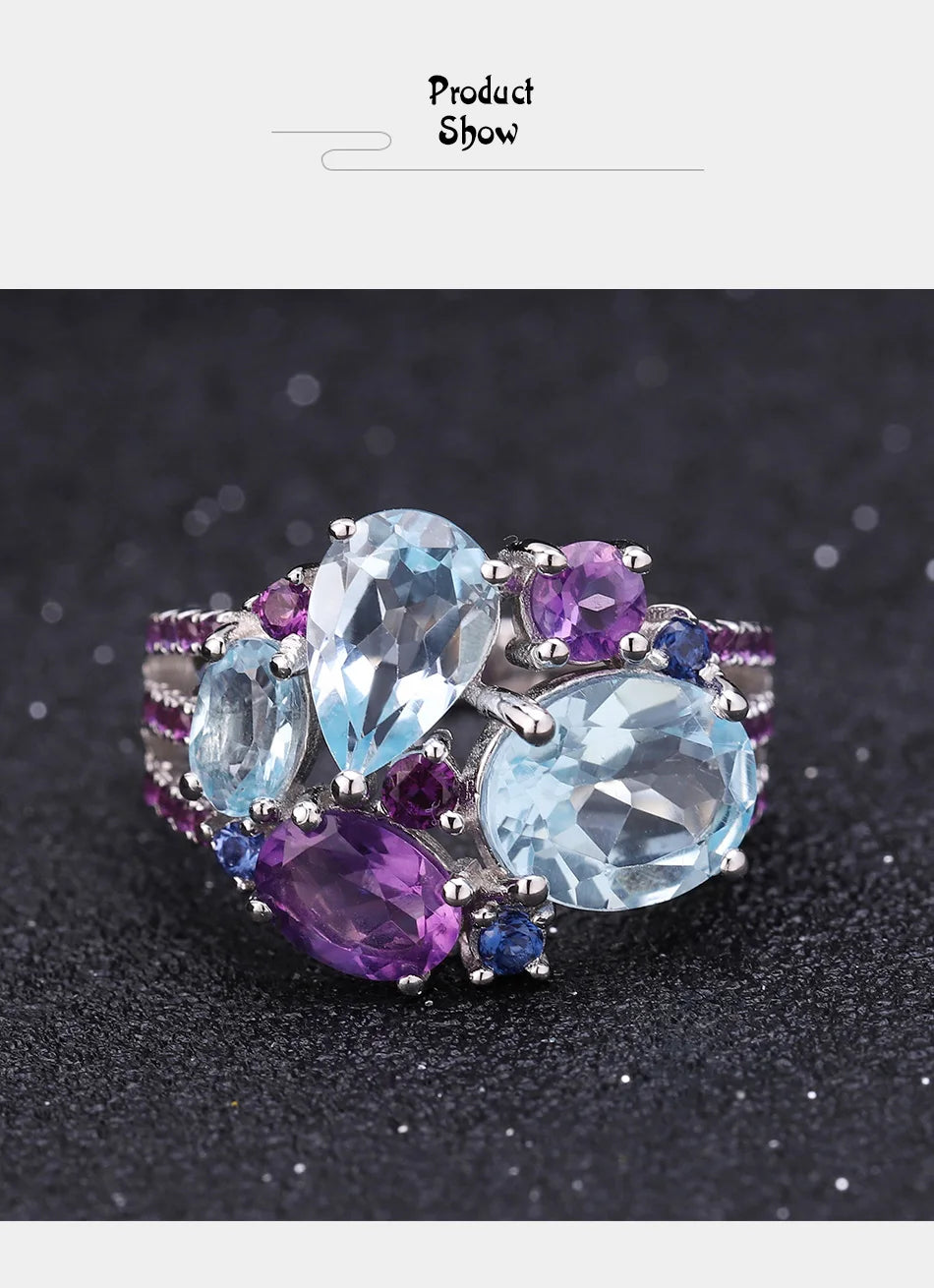 Natural Sky Blue Topaz Amethyst Rings Fine Jewelry 925 Sterling Silver Gemstone Candy Ring for Women Bijoux