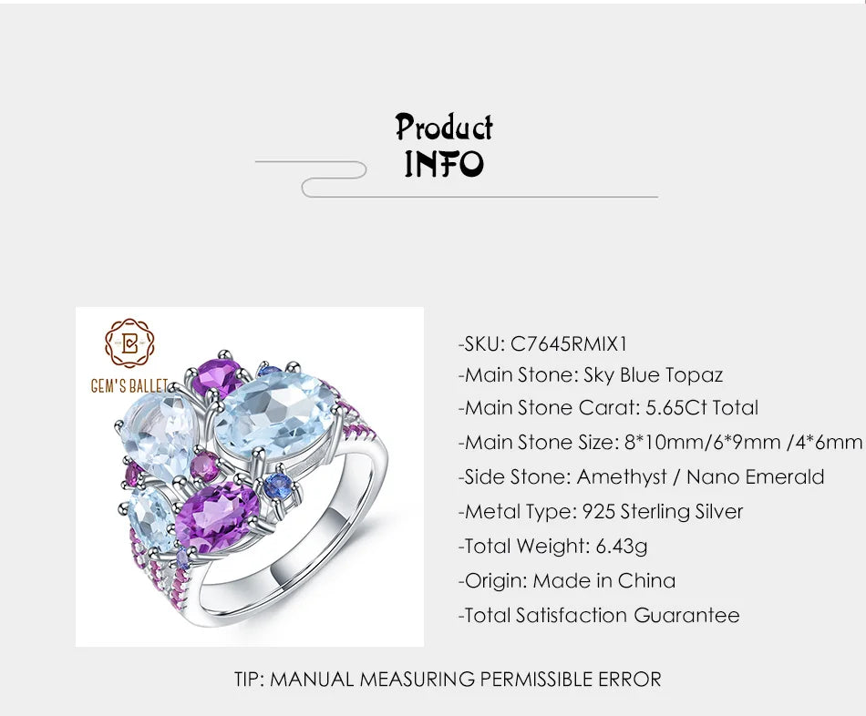 Natural Sky Blue Topaz Amethyst Rings Fine Jewelry 925 Sterling Silver Gemstone Candy Ring for Women Bijoux