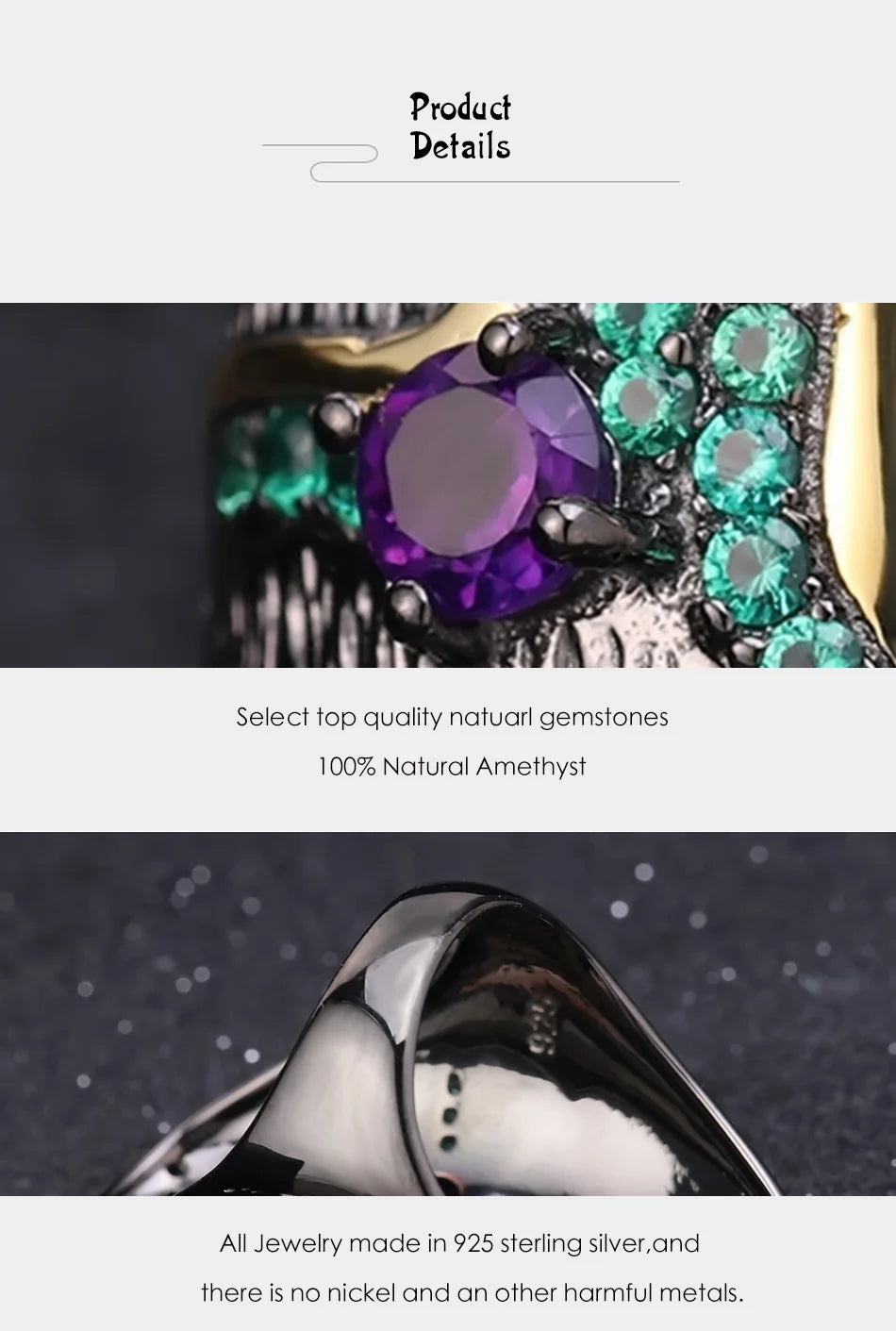 Georgia O'keeffe Leaf Ring 0.80Ct Natural Amethyst 925 Sterling Silver Handmade Finger Rings for Women Bijoux