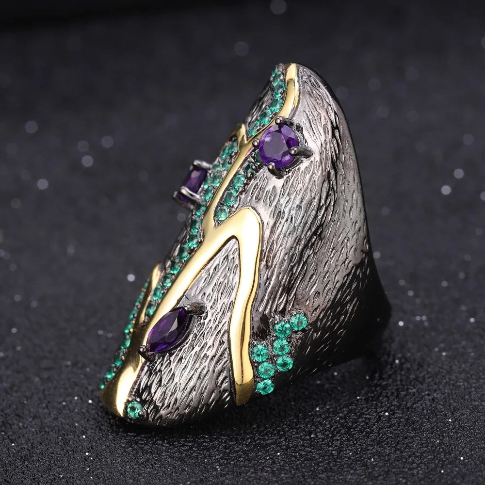 Georgia O'keeffe Leaf Ring 0.80Ct Natural Amethyst 925 Sterling Silver Handmade Finger Rings for Women Bijoux