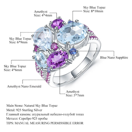 Natural Sky Blue Topaz Amethyst Rings Fine Jewelry 925 Sterling Silver Gemstone Candy Ring for Women Bijoux
