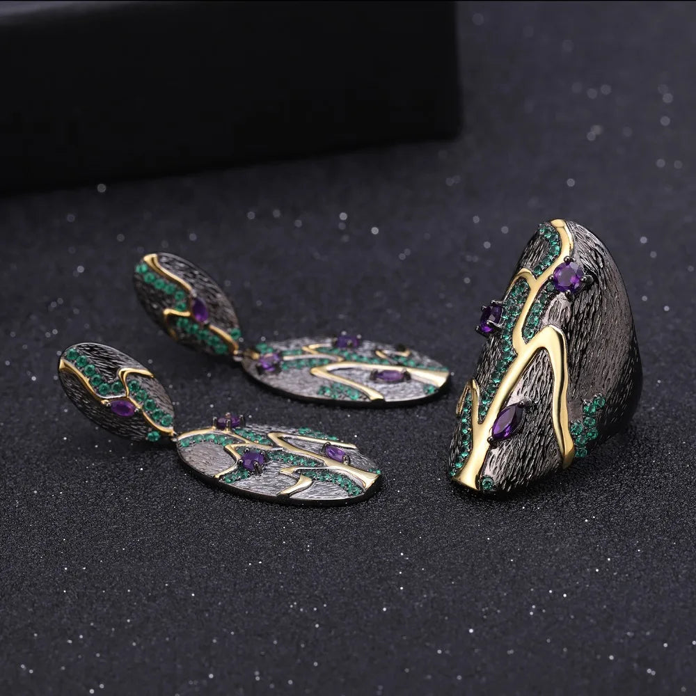Georgia O'keeffe Leaf Ring 0.80Ct Natural Amethyst 925 Sterling Silver Handmade Finger Rings for Women Bijoux