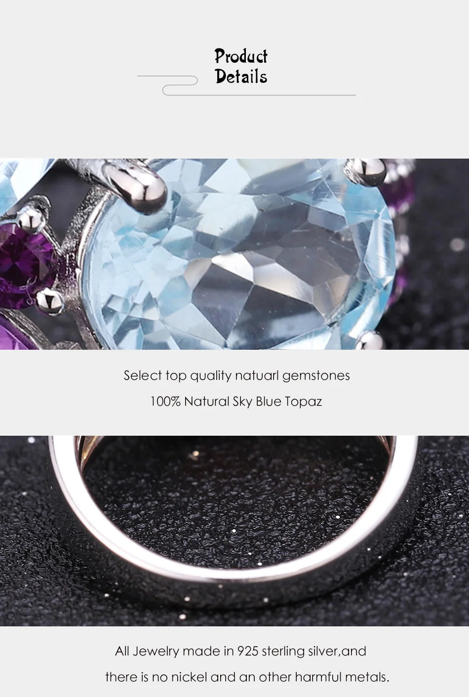 Natural Sky Blue Topaz Amethyst Rings Fine Jewelry 925 Sterling Silver Gemstone Candy Ring for Women Bijoux