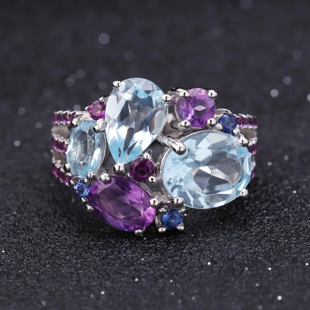 Natural Sky Blue Topaz Amethyst Rings Fine Jewelry 925 Sterling Silver Gemstone Candy Ring for Women Bijoux