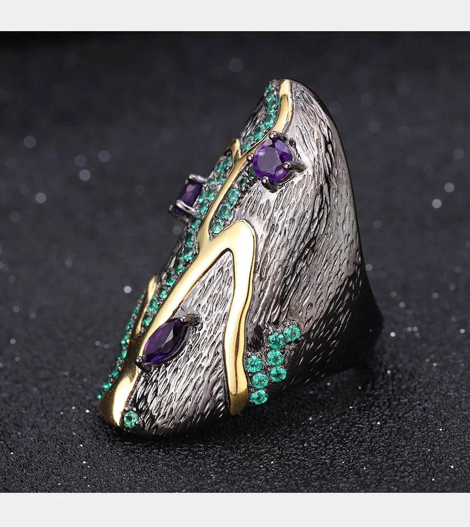 Georgia O'keeffe Leaf Ring 0.80Ct Natural Amethyst 925 Sterling Silver Handmade Finger Rings for Women Bijoux