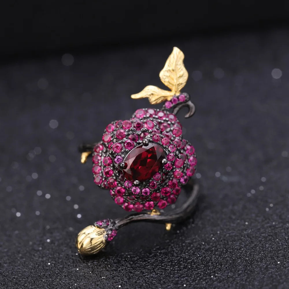 tNatural Rhodolite Garne Rose Flower Ring 95 Sterling Silver Handmade Adjustable Open Ring for Women Bijoux