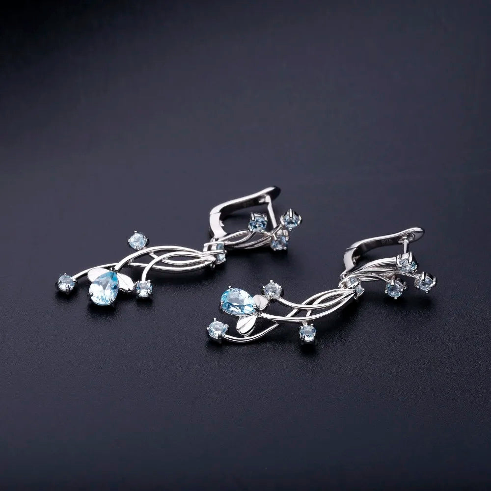 Flower Design 3.89t Natural Sky Blue Topaz Gemstone Drop Earrings For Bridal 925 Sterling Silver Wedding Jewelry