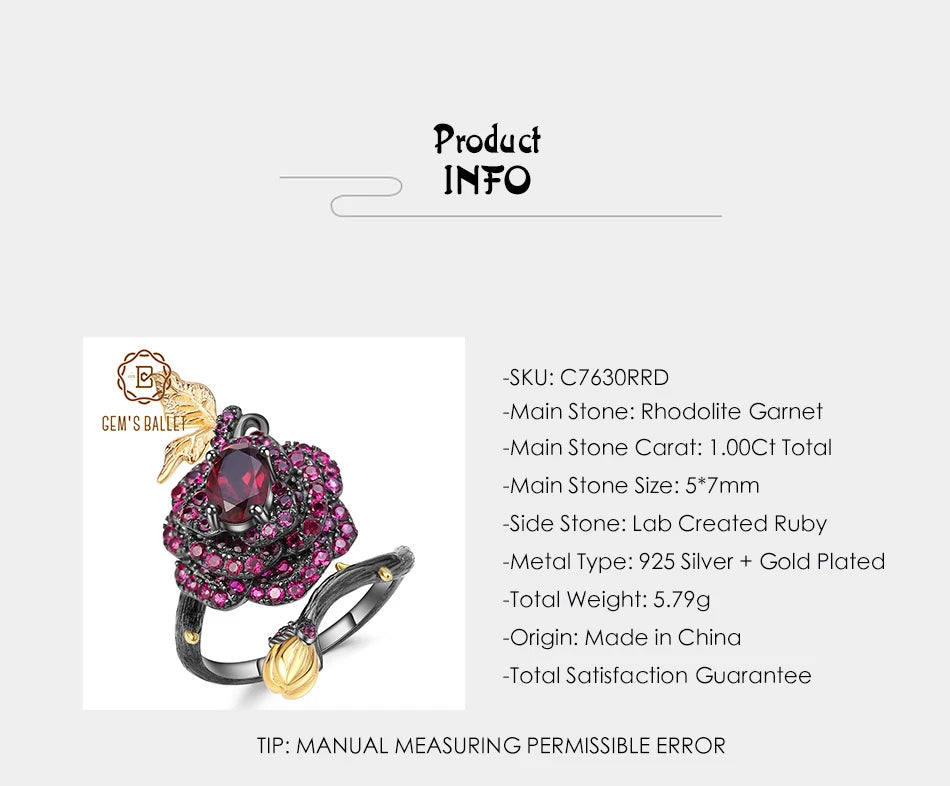 tNatural Rhodolite Garne Rose Flower Ring 95 Sterling Silver Handmade Adjustable Open Ring for Women Bijoux