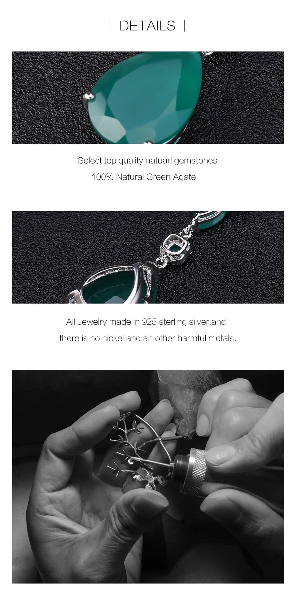 Sterling Silver Vintage Jewelry Natural Green Agate Gemstone Pendant Necklace for Women Wedding Fine Jewelry