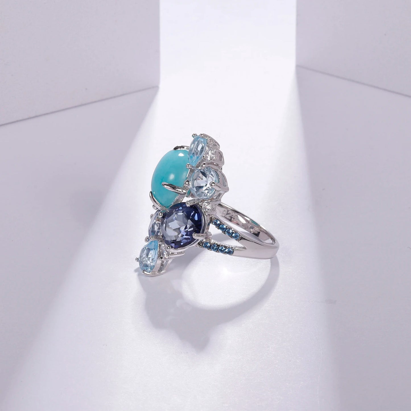 Sterling Silver Statement Rings Natural Amazonyte Blue Topaz Gemstone Candy Ring for Women Fine Jewelry