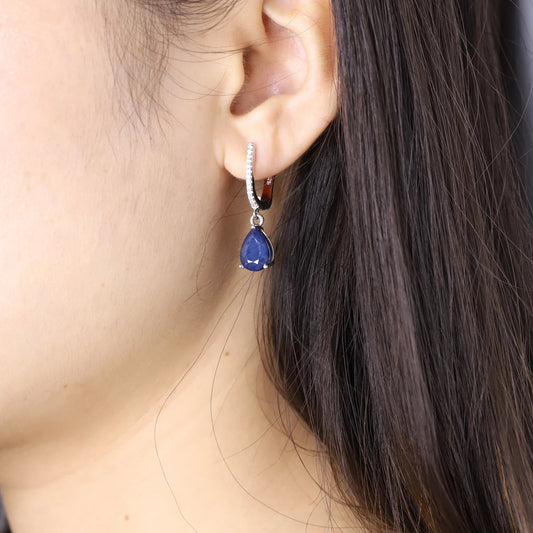 Natural Blue Sapphire Gemstone Drop Earrings 925 Sterling Silver Fine Jewelry For Women Wedding