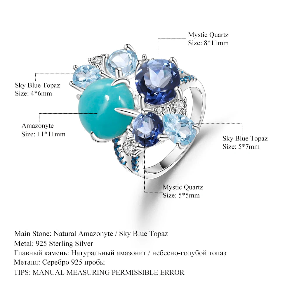 Sterling Silver Statement Rings Natural Amazonyte Blue Topaz Gemstone Candy Ring for Women Fine Jewelry