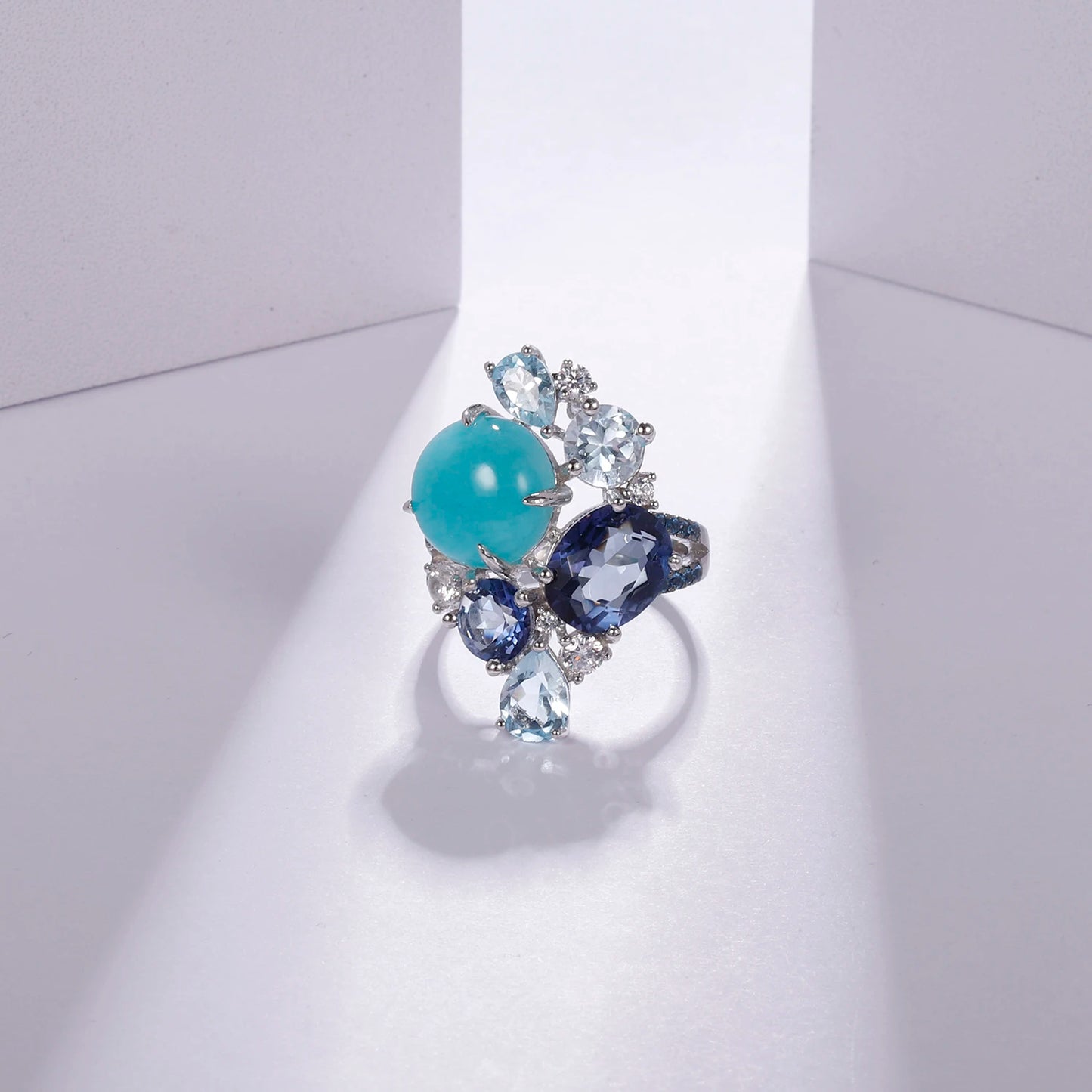 Sterling Silver Statement Rings Natural Amazonyte Blue Topaz Gemstone Candy Ring for Women Fine Jewelry