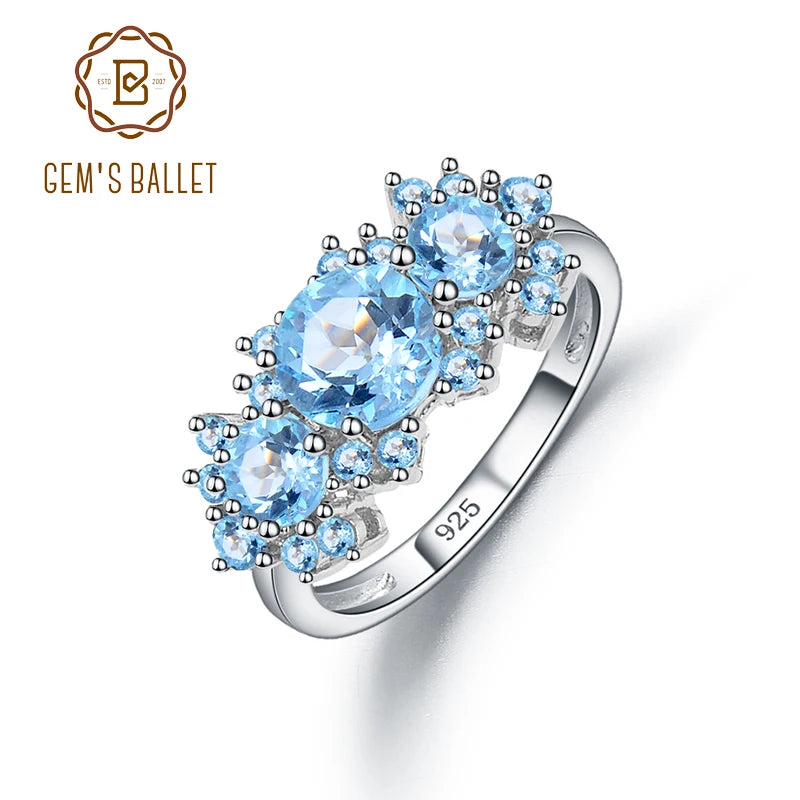 Sterling Silver Vintage Luxury Ring Natural Sky Blue Topaz Birthstone Rings For Women Gift Fine Jewelry
