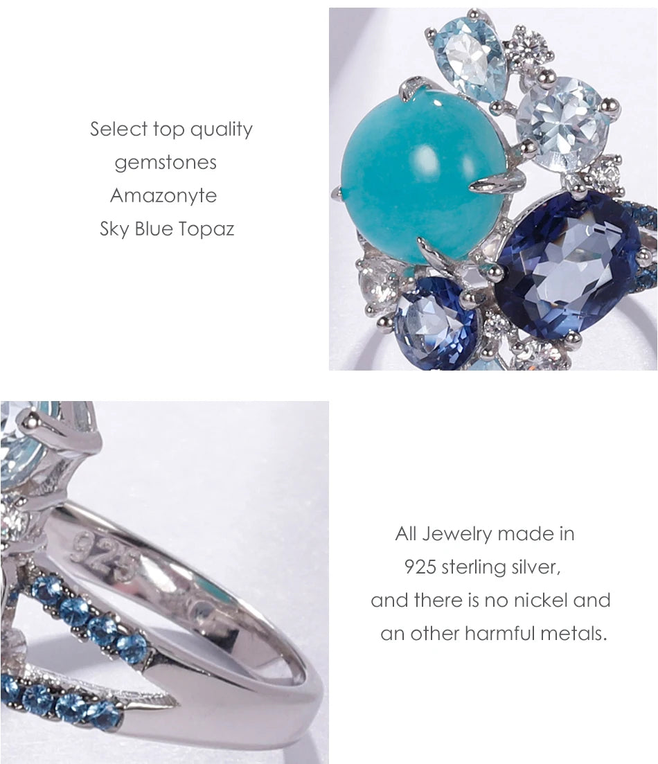 Sterling Silver Statement Rings Natural Amazonyte Blue Topaz Gemstone Candy Ring for Women Fine Jewelry