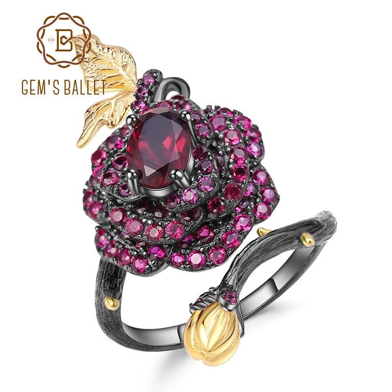 tNatural Rhodolite Garne Rose Flower Ring 95 Sterling Silver Handmade Adjustable Open Ring for Women Bijoux