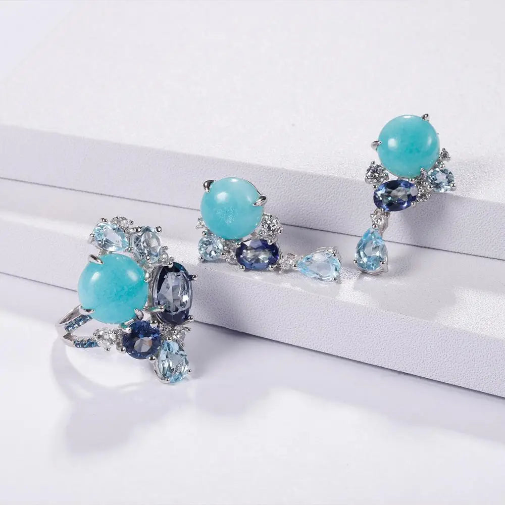 Sterling Silver Statement Rings Natural Amazonyte Blue Topaz Gemstone Candy Ring for Women Fine Jewelry