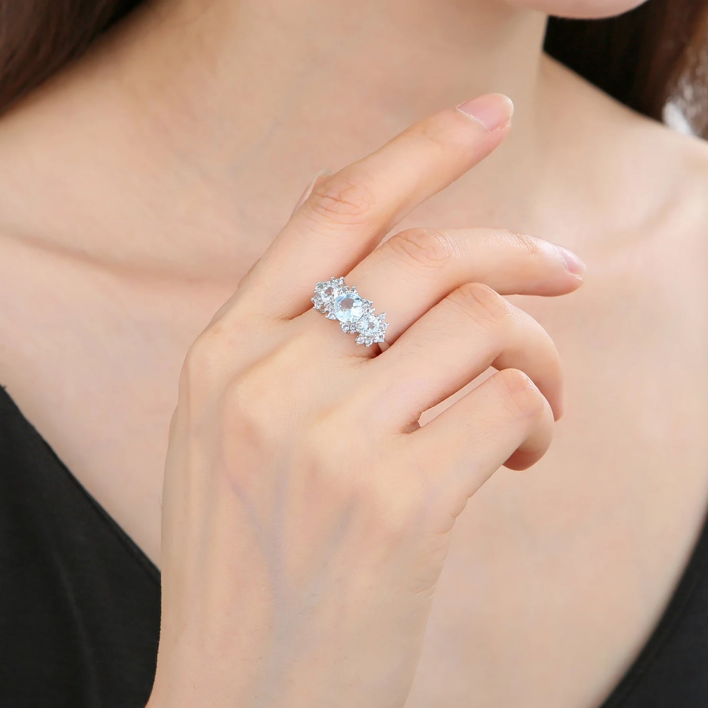 Sterling Silver Vintage Luxury Ring Natural Sky Blue Topaz Birthstone Rings For Women Gift Fine Jewelry