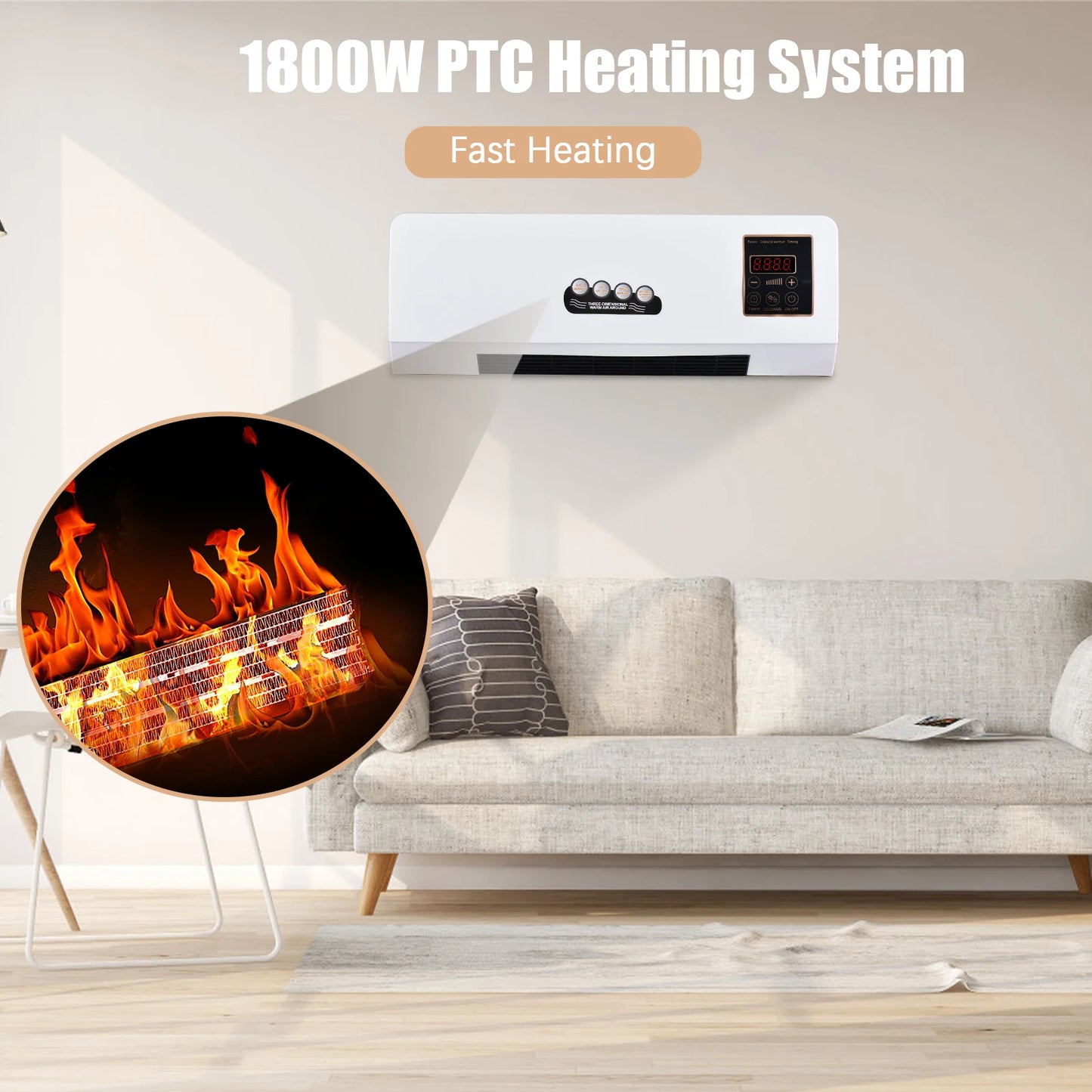 2-in-1 Heater and Fan Combo Timing Wall Mounted Electric Fan and Space Heater 1800W with Remote Control for Dormitory Home