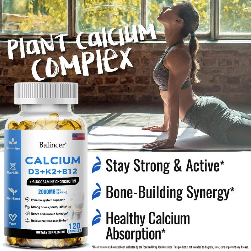 Calcium + D3 + K2 + B12 Capsules - Support Bone and Muscle Health, Replenish Joints
