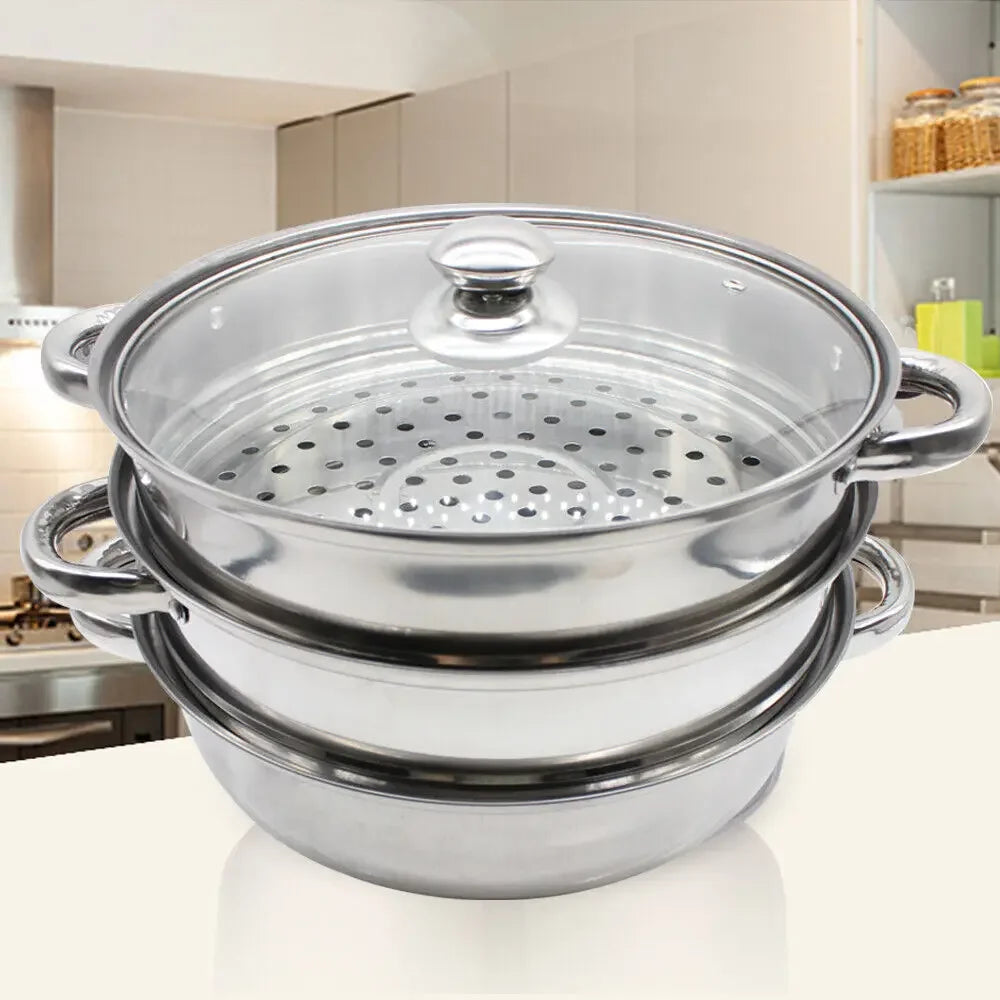 3-Tier Stainless Steel Steam Pot with Glass Lid