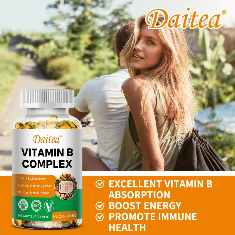 Vitamin B Complex Capsules - B12, B1, B2, B3, B5, B6, B7, B9, Folic Acid and Biotin - Reduce Stress, Boost Immunity