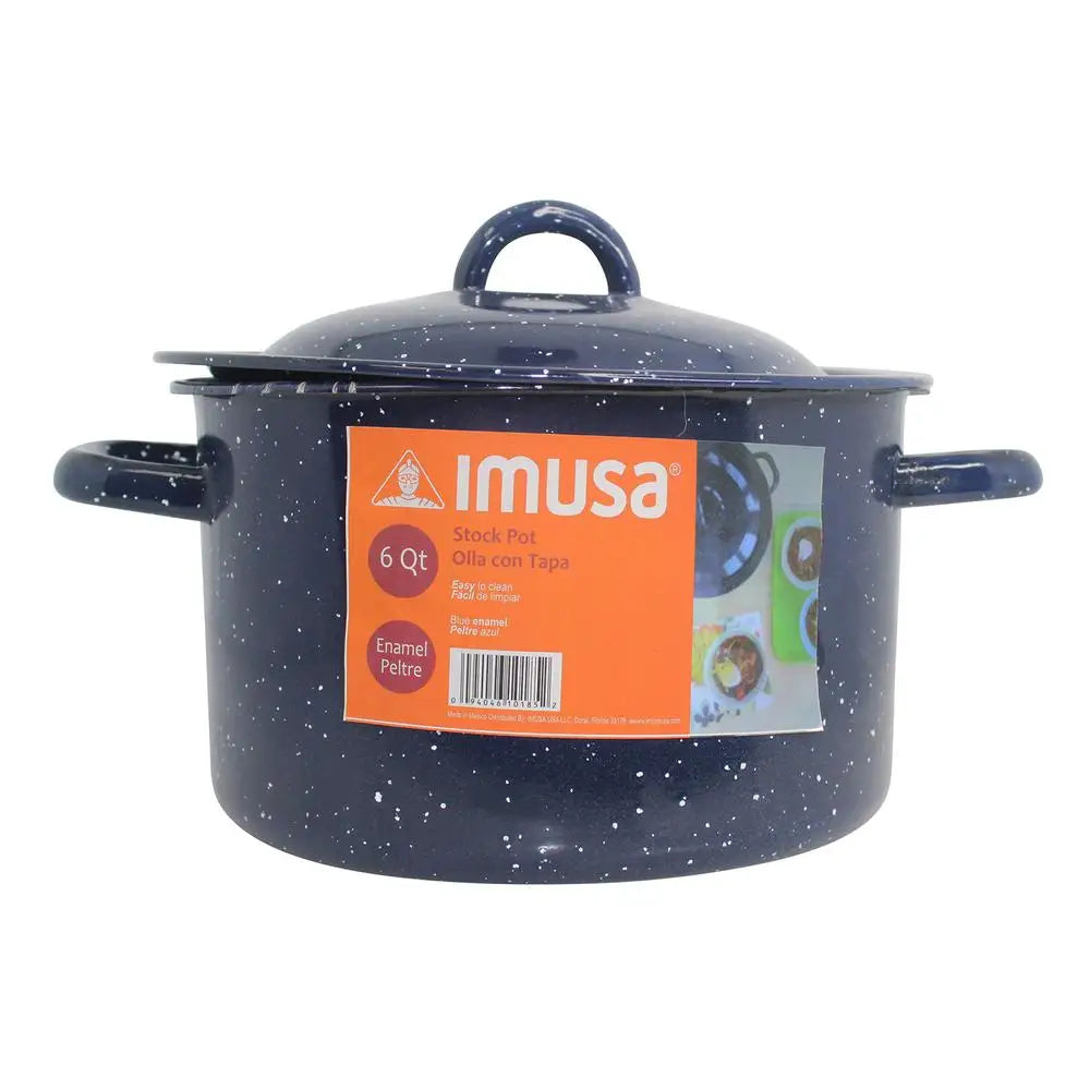 6 Quart Blue Speckled Enamel Stock Pot Vintage Style