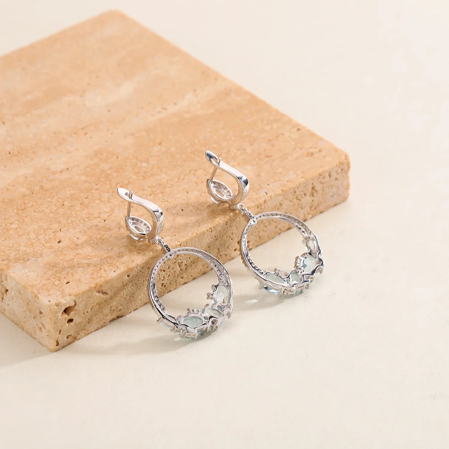 Luxury Topaz Jewelry Natural Sky Blue Topaz Statement Dangle Earrings 925 Sterling Silver Handmade Circle Earrings