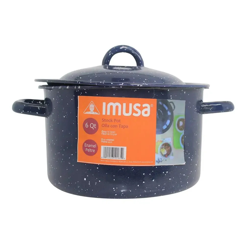 6 Quart Blue Speckled Enamel Stock Pot Vintage Style