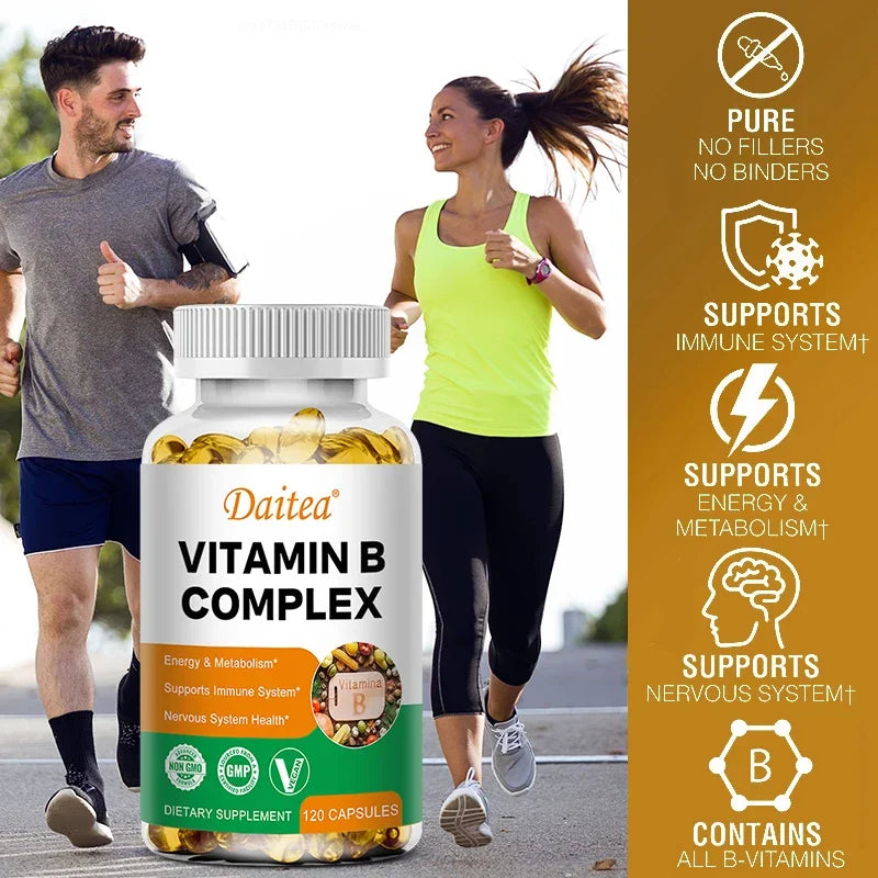 Vitamin B Complex Capsules - B12, B1, B2, B3, B5, B6, B7, B9, Folic Acid and Biotin - Reduce Stress, Boost Immunity
